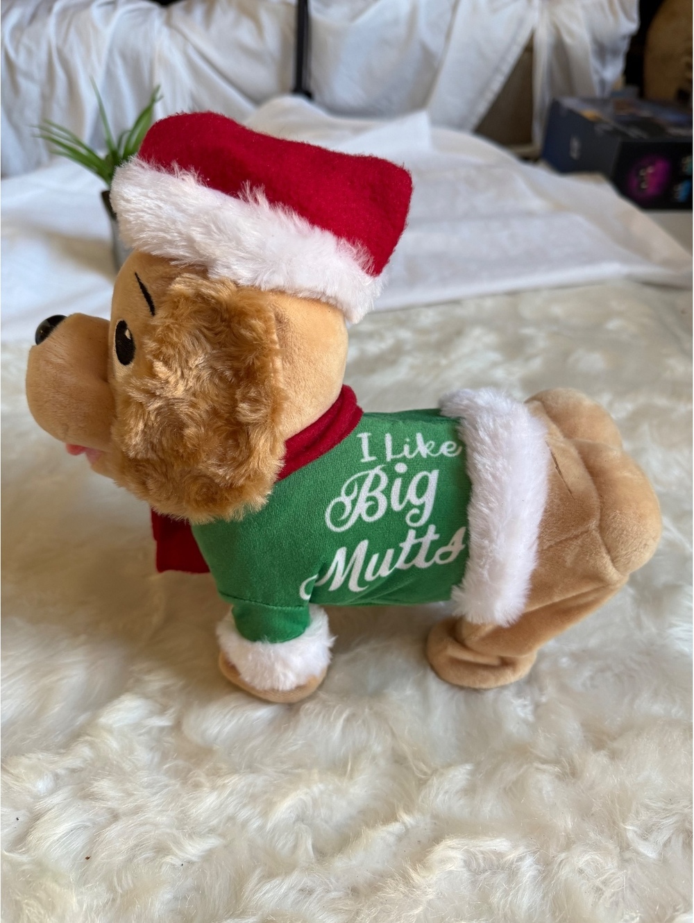 I Like Big Mutts Plush Dog with Santa Hat and Green Sweater